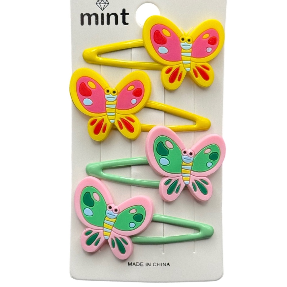 Mint Kids Butterfly Snap Hair Clips 4 Pack Yellow Pink Green Butterfly Barrettes